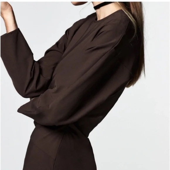 Zara Ruched Brown Midi Stretch Dress Long Sleeve FALL Sz Large - Picture 4 of 10